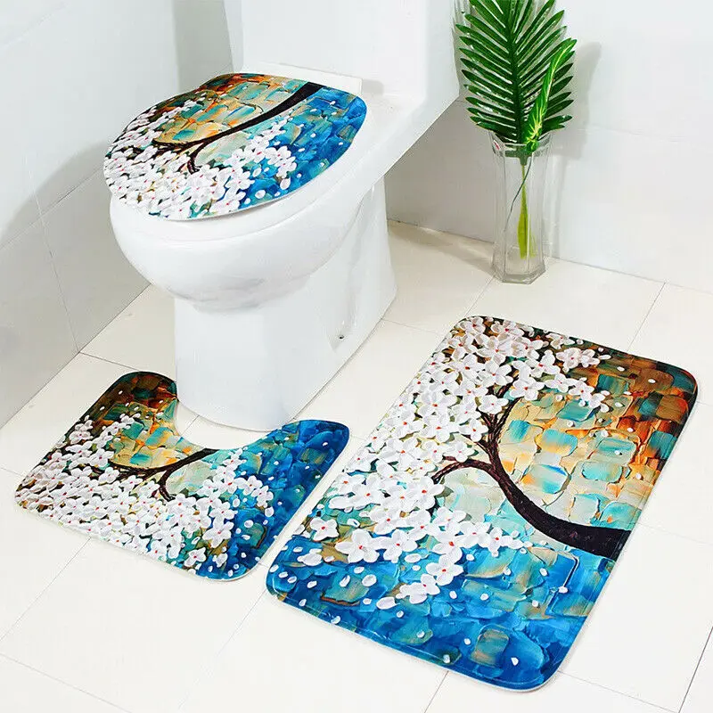 

3PCS/Sets Flower Print Bathroom Non-Slip Pedestal Rugs Toilet Lid Cover Bath Mat