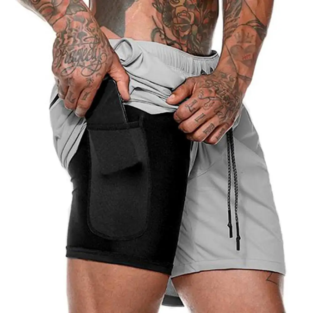 Мужские шорты для бега 2 в 1 летние и осенние спортивные фитнеса быстросохнущие