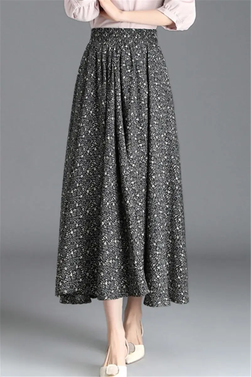 

Elastic High Waisted Linen Small Floral Skirt Autumn and Winter Women A-Line Pleated Skirt Pastoral Elegant Femme Jupe 2021