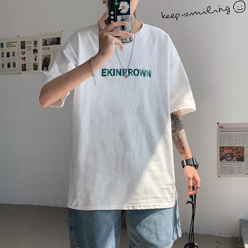 

Creative Text Graffiti T-shirt Male Tide Brand Plus Fat Plus Size Loose White Five-point Short-sleeved Shirt Harajuku T-shirt