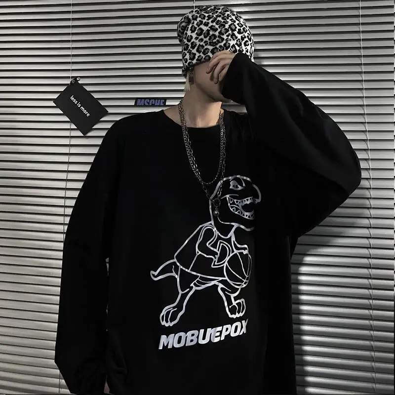 

Cotton Autumn and Winter Models Ins Harajuku 3M Reflective Cartoon Loose Round Neck Long-sleeved T-shirt for Men and Women