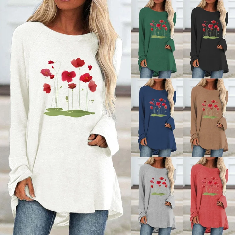 

Женская осенне-зимняя модная графическая футболка с круглым вырезом и принтом, элегантный пуловер с длинным рукавом, свободные повседневные топы большого размера