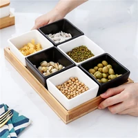 modern square ceramic fruit platter with bamboo and wood tray snack candy storage box divided nut food tray bowl home decoration