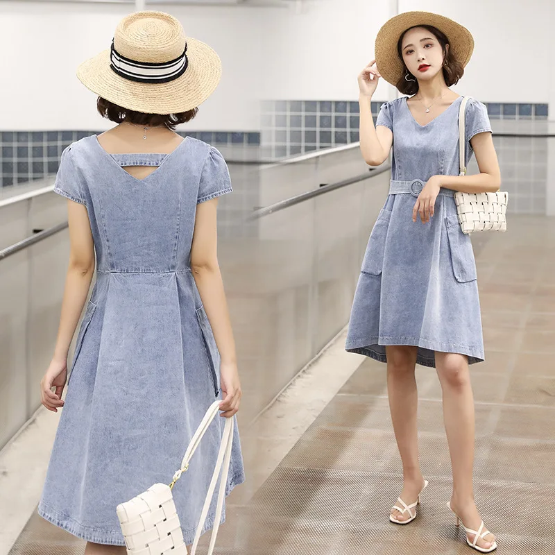 

2021 Summer Fashion Big Pockets Denim Dresses For Women Plus Size 3XL Short Sleeve Casual Office Ladies Female Vestidos T172