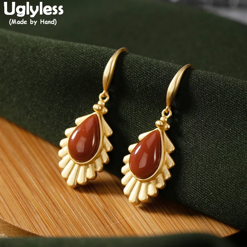 

Uglyless Natural Agate Water Drop Gemstones Earrings for Women Real 925 Silver Leaves Brincos Bijoux Gold Vintage Jewelry Vogue
