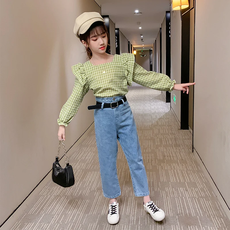 

Cute Baby Girls Clothes Autumn New Puff Sleeve Cotton Plaid Blouses + High Waist Denim Trousers 2pcs Fashion Kids Sets Vestidos