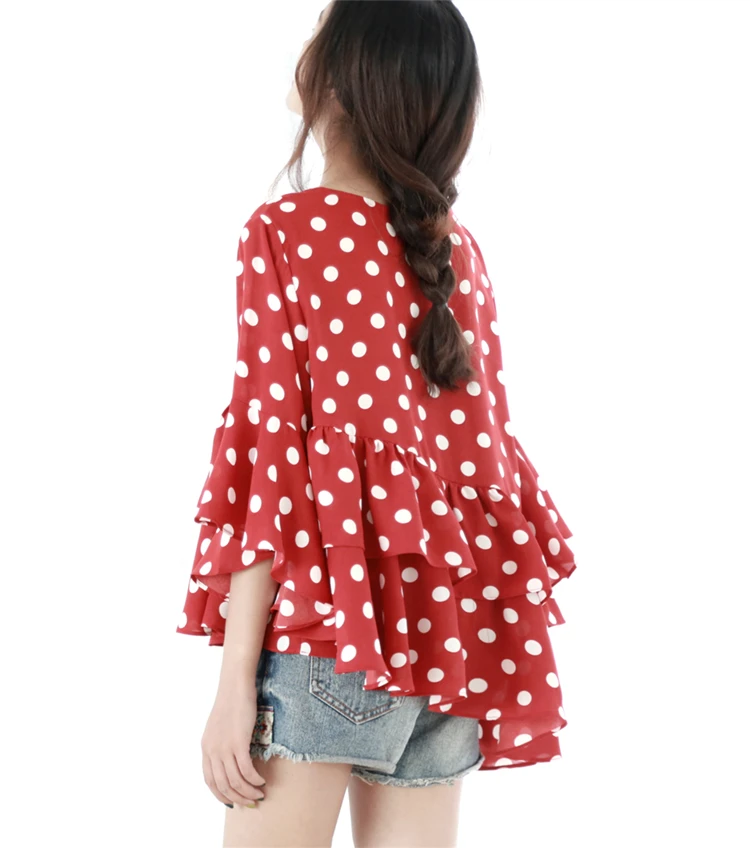 Рубашка женская винтажная с рукавом-фонариком и принтом в горошек | Женская