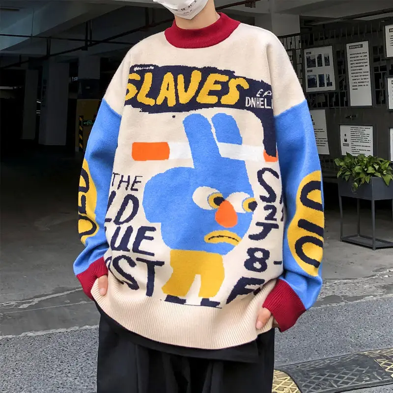 

Men Sweater Cartoon Funny Print O-Nec Pullover Sweaters Men Soft Slim Casual High Street Fashion Autumn Streetwear