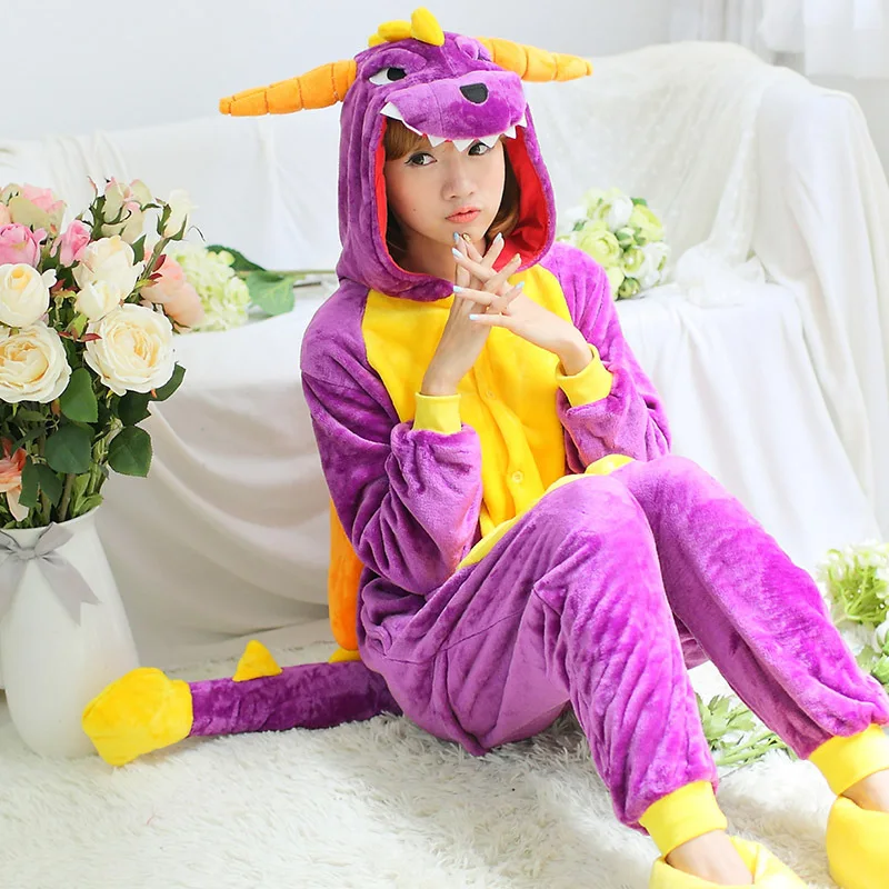 

Flannel Kigurumi Dinosaur Onesies For Adults spyro the dragon Women dinosaur pajamas overall Whole Onepiece Animal Pajamas