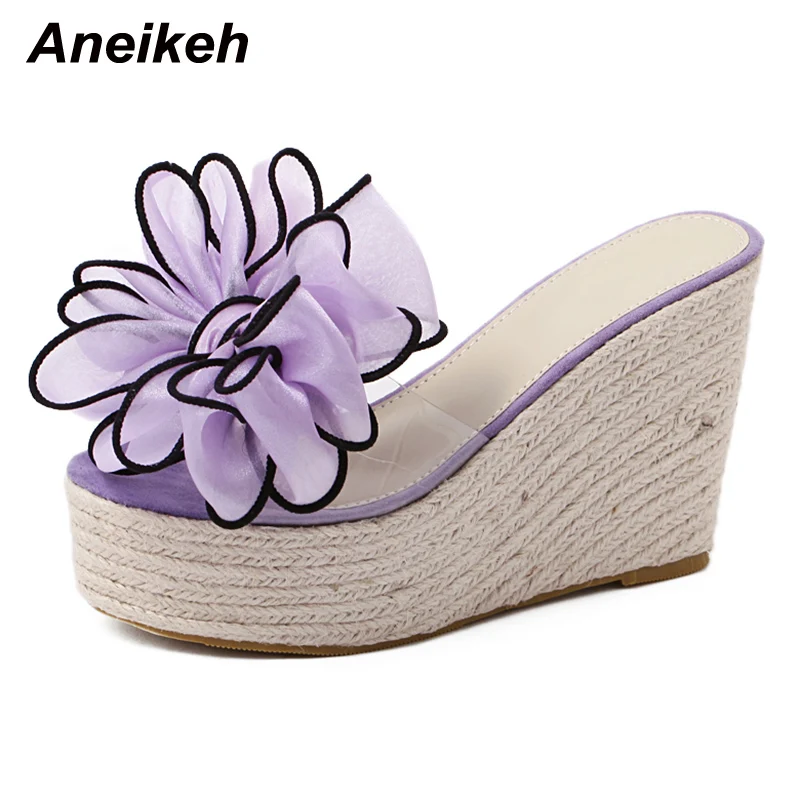 

Aneikeh Shoes For Women Summer Fashion Platform Lace Flower Modern Slippers Rome Ultra high Wedges PVC Party Solid Apricot 2022