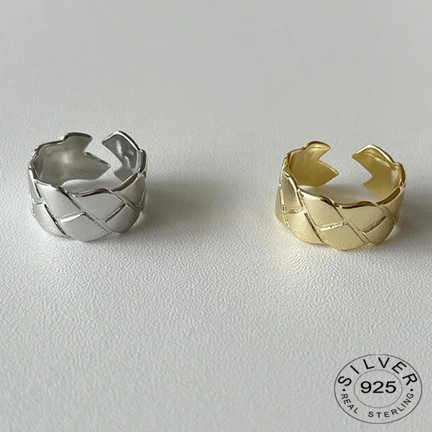 

925 Sterling Silver Rings for Women Plaid Stirp Vintage Wedding Trendy Jewelry Large Adjustable Antique Rings Anillos
