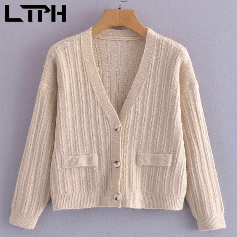 

LTPH korean fashion V-neck knitted cardigan fake pocket chic single breasted long sleeve top loose women sweater 2021 autumn new