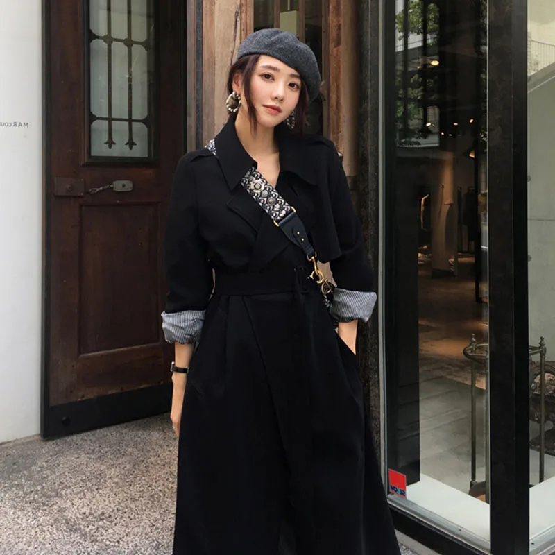 

Весенне-осенний Новый хлопковый Женский Тренч выше колена средней длины, Женская ветровка с поясом, прямой костюм с воротником, ropa mujer