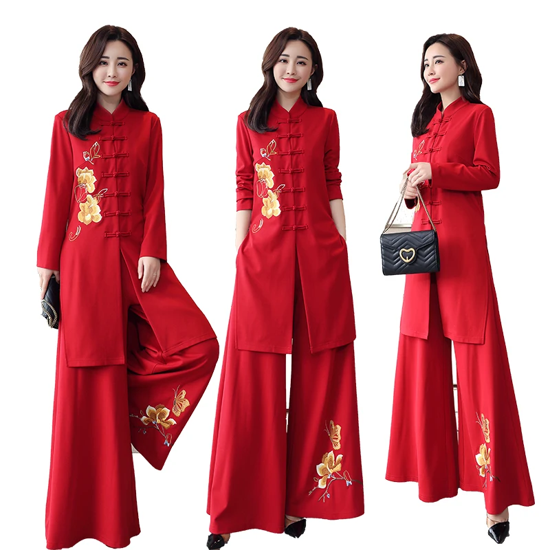 

Костюм Чонсам в китайском стиле с улучшенной вышивкой, весна-осень, Новый женский Ретро костюм Тан, модные широкие брюки, двойка