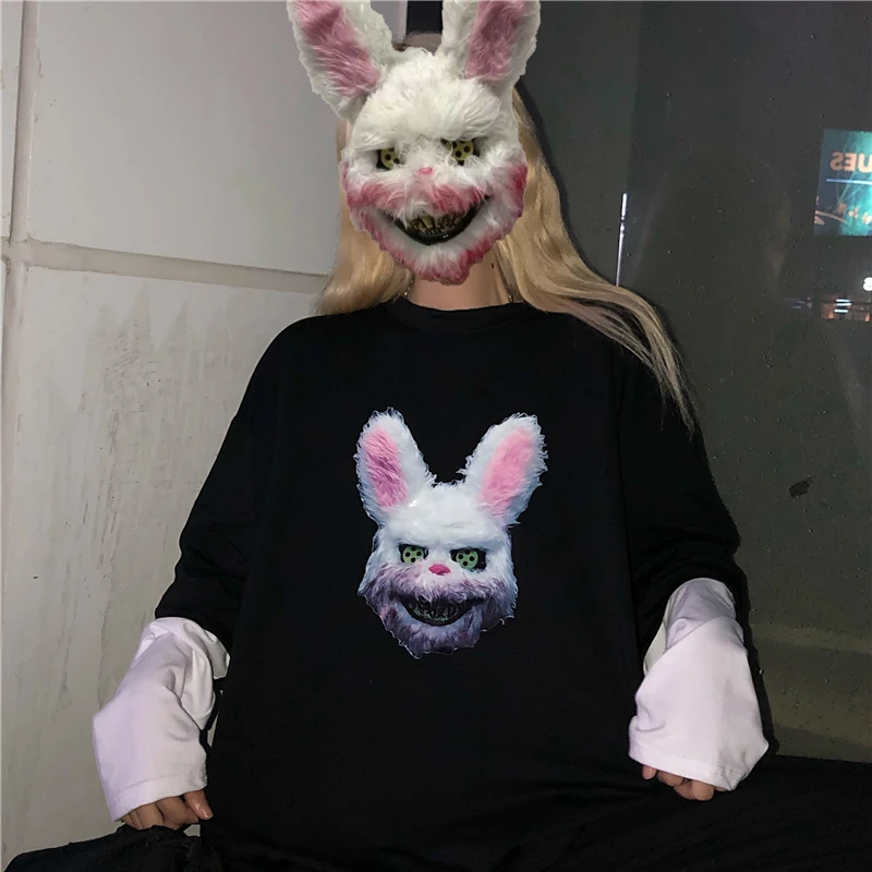 Lychee Harajuku, о-образный вырез, Лоскутная женская футболка, длинный рукав, Поддельные 2 штуки, осенние женские футболки, принт с темным Кроликом, женская футболка