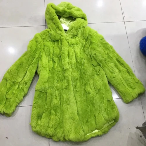 green Хорошее качество, женская зимняя длинная куртка из натурального меха Рекс, женская шуба из кролика Рекс, натуральный мех кролика Рекс, пальто с капюшоном - Color: green