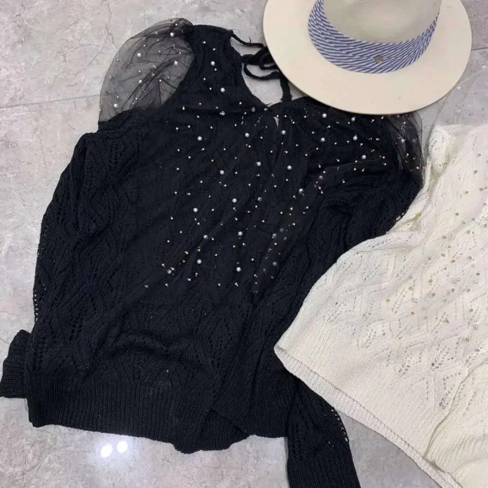 

2020 Spring Summer Sweater Women Pullover V-neck Ladies Sexy Patchwork Mesh Hollow Out Beading Pull Femme Sueter Mujer Inviern