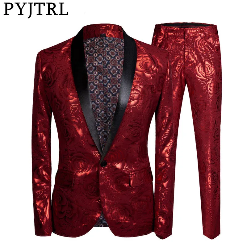 PYJTRL Мужской приталенный костюм Homme красная роза позолота комплект из 2 предметов