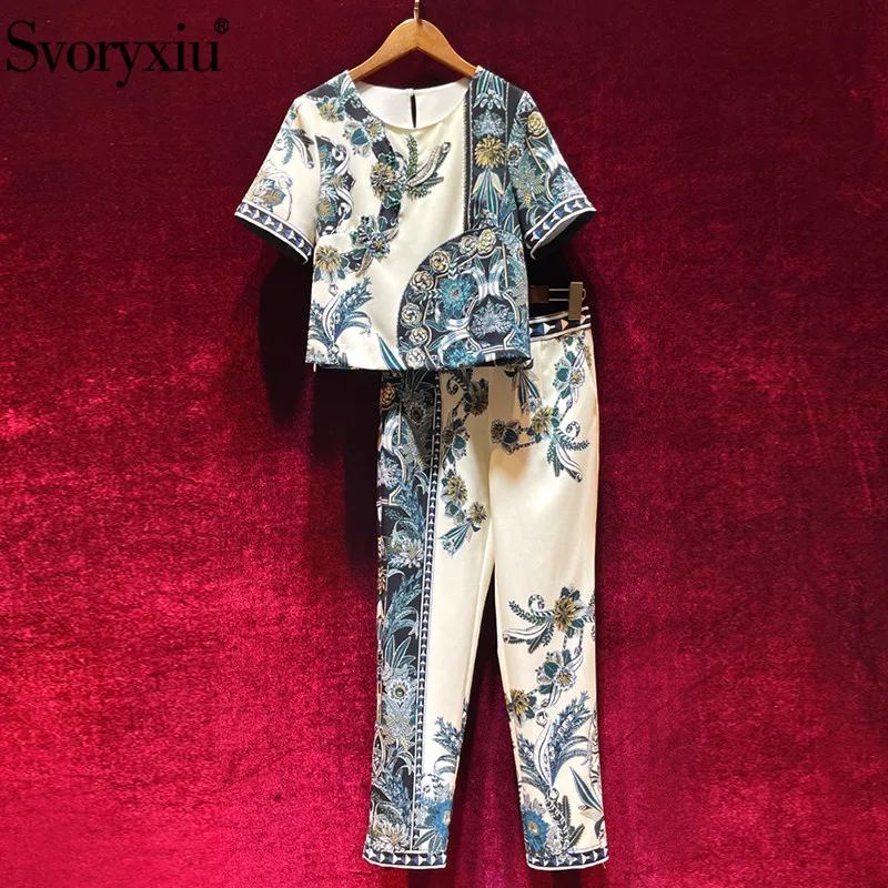 

Svoryxiu/дизайнерский летний модный комплект из двух предметов, Женский винтажный топ с цветочным принтом и бусинами, костюм с короткими рукава...