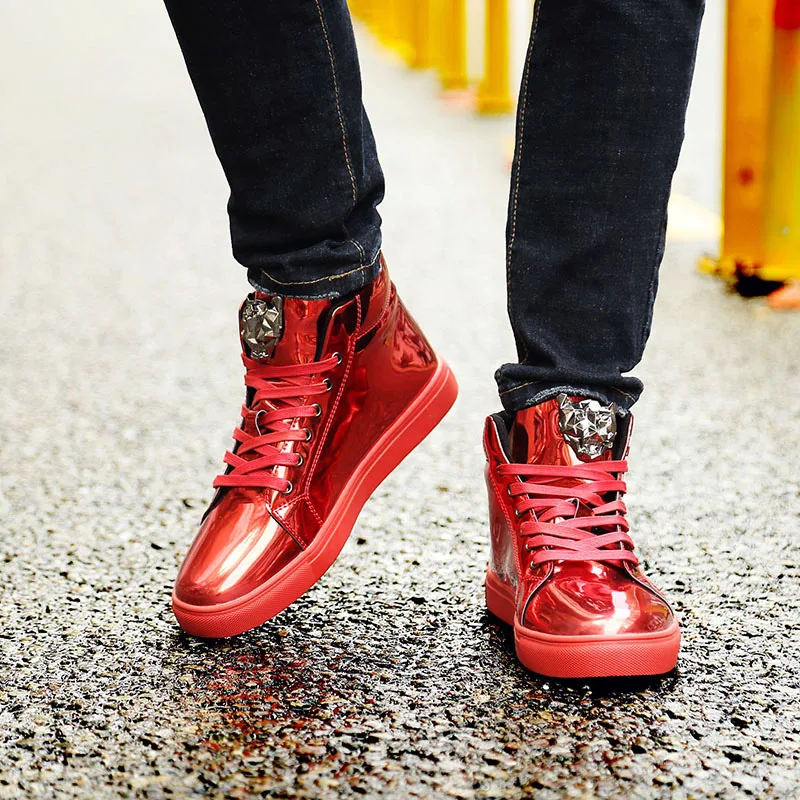 X Brand Fashion Autumn Mens Sneakers Big Size Shiny Metal Men Casual Shoes Glitter Red Blue High top 2020 |