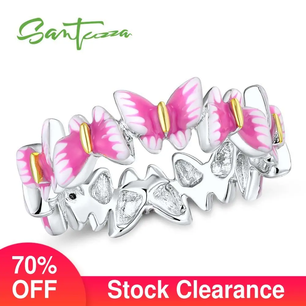 

SANTUZZA Silver Ring For Women 925 Sterling Silver Cubic Zirconia Pink Butterfies Party Fashion Jewelry Handmade Enamel