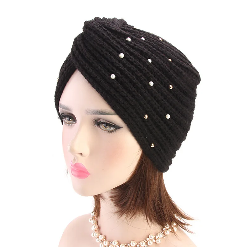 

New Beaded Knit Turban Women Muslim Bonnet Hat Headscarf Indian Style Twist Knitted Hat Solid Head Cover Female Warm Headband