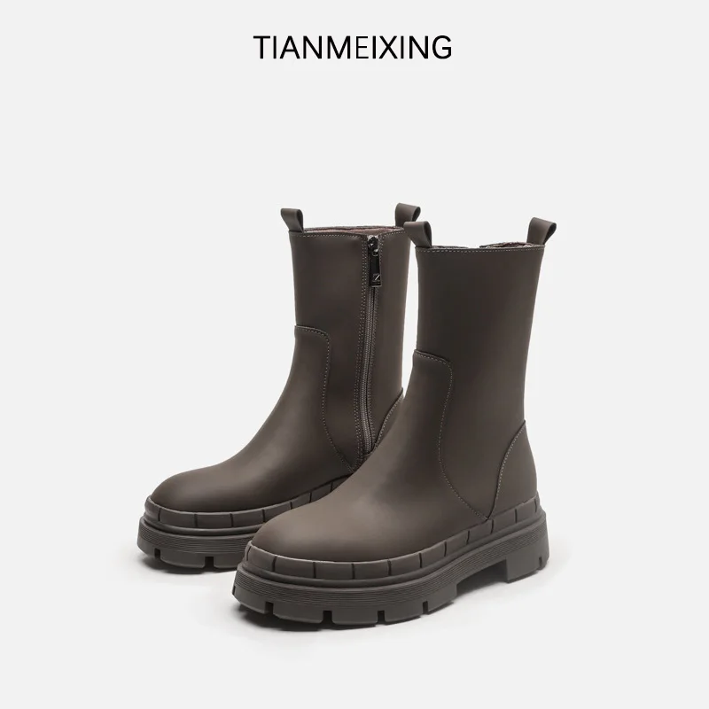 

2021 Winter New White Ankle Boots for Women Thick-soled Flat Boots Female Side Zipper Riding Boots Chelsea Mid-tube Calf Boots