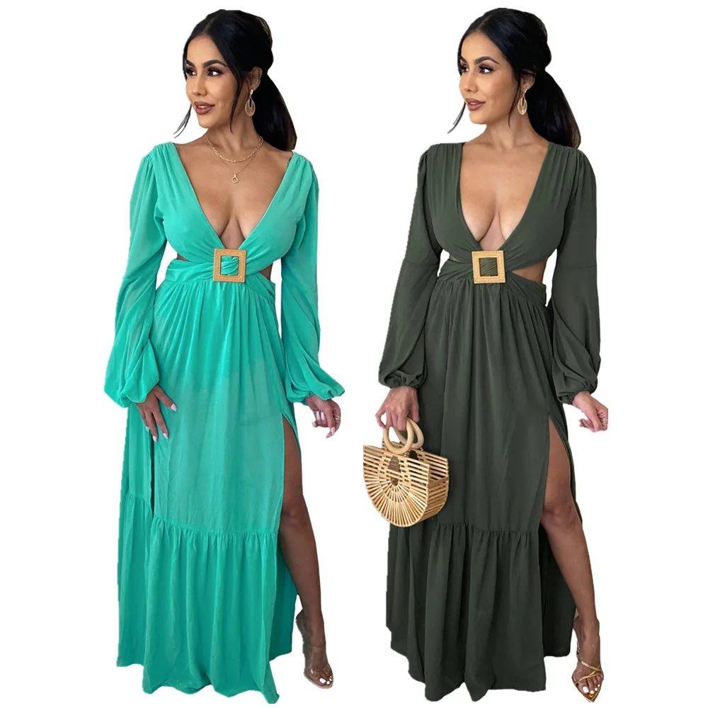 

Autumn Solid Stretch Long Sleeve V-neck Maxi Long Dress Autumn Beach Holidays Elegant Dresses Ruffle Halter Lace Up Vestidos