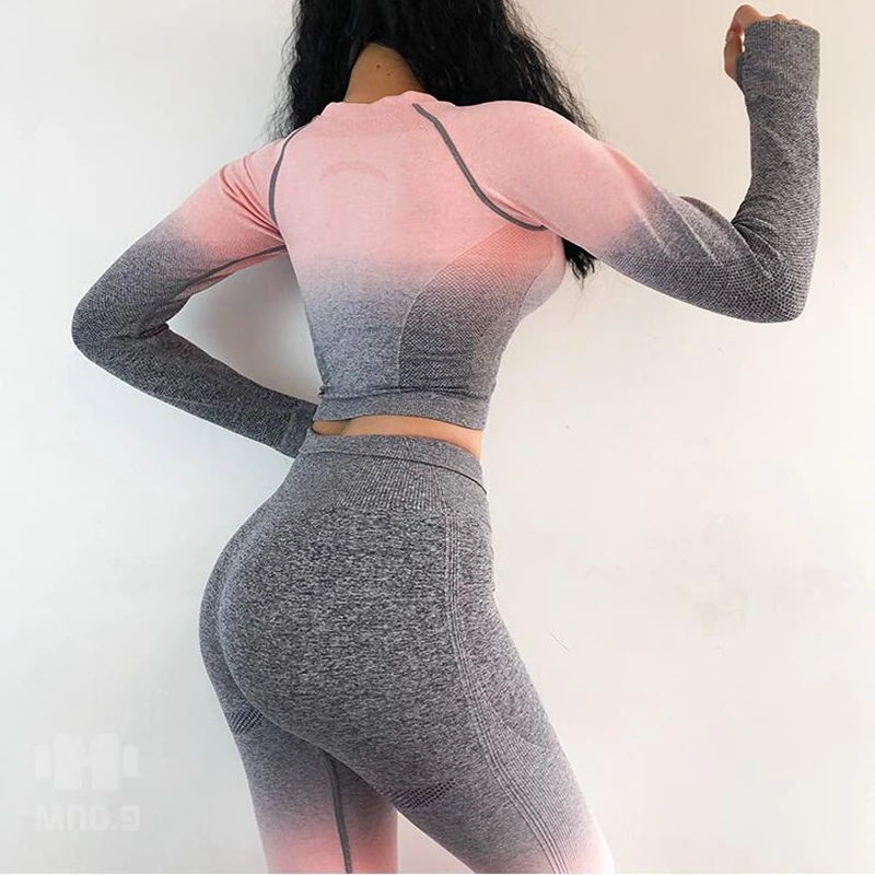 

Sportswear Suit 3/2 pcs Women Seamless Yoga Set Gym Ombre High Waist Leggings+bra+long sleeve crop Top Suit Fitness Workout