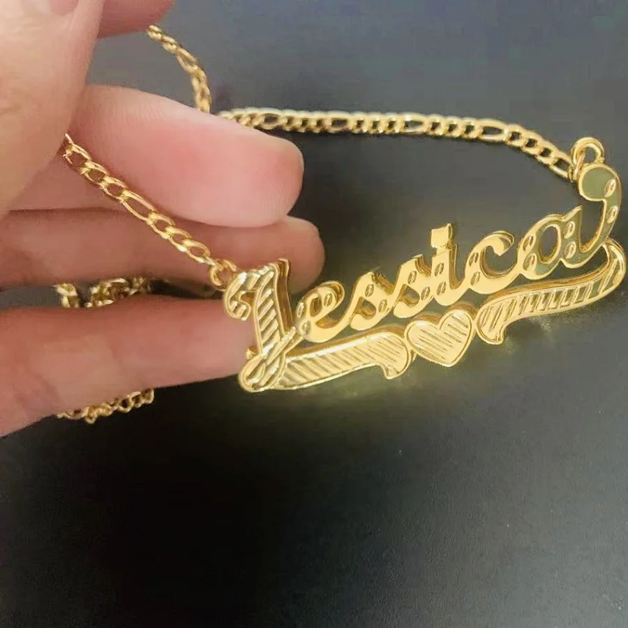 Customized Nameplate Necklace With Heart Personalized 3D Name Pendant Chain Custom Double Name Necklaces Jewelry Birthday Gifts