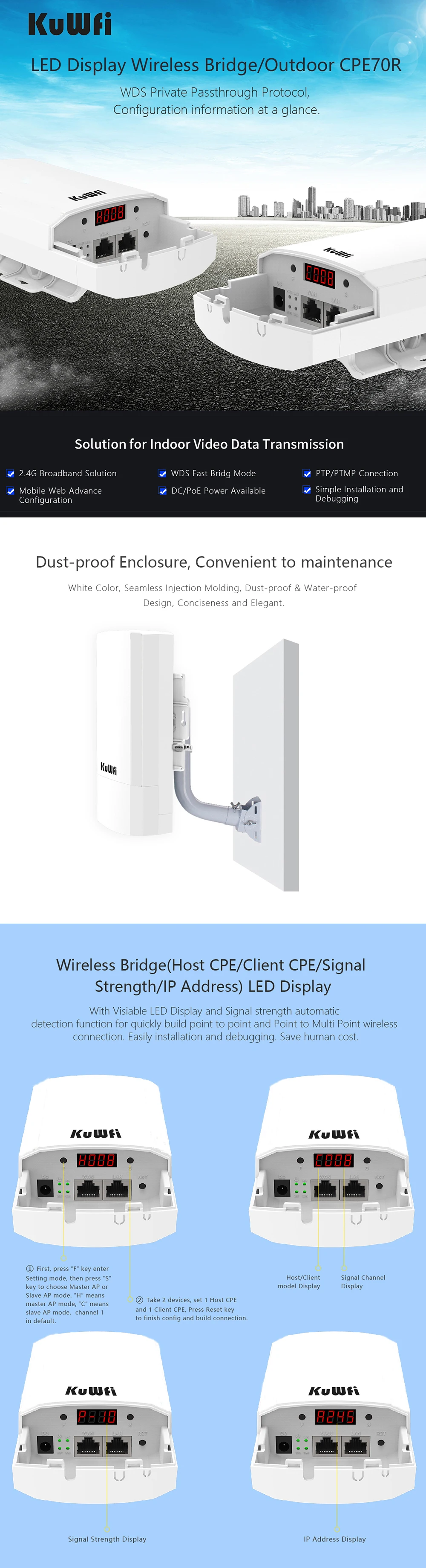 KuWfi Router 2KM 300 Мбит / с Беспроводной маршрутизатор Комплект для наружного и внутреннего монтажа CPE Беспроводной мост Поддержка повторителя Wi-Fi WDS Long Range