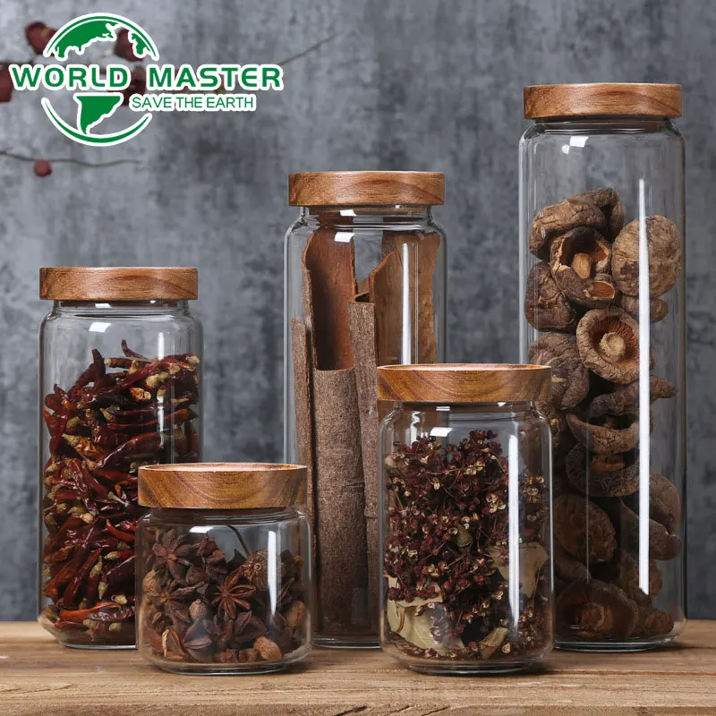 

Деревянные крышки стеклянные герметичные кухонные бутылки для хранения баночки еда чай кофе в зернах конфеты контейнеры