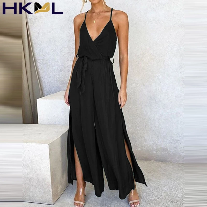 

Fashion Casual Solid Color V Neck Sling Wide Leg Jumpsuits Summer Women Sexy Sleeveless Loose Backless Side Slit Slim Jumpsuits