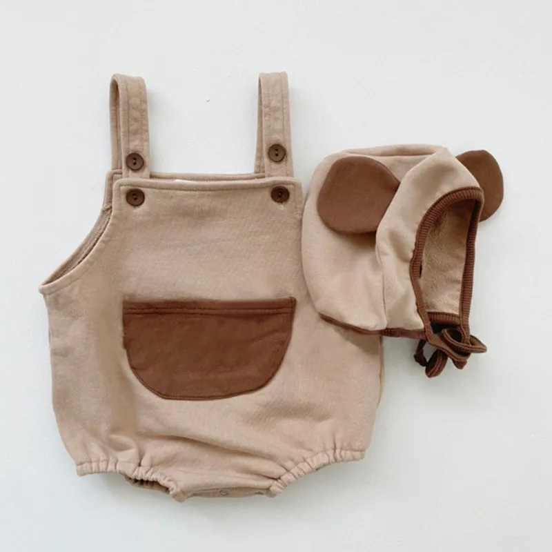 2021 Autumn New Cute Baby Bodysuit Big Pocket Overalls Newborn Infant Jumpsuit Sleeveless Strap Bodysuit + Bunny Ear Hat