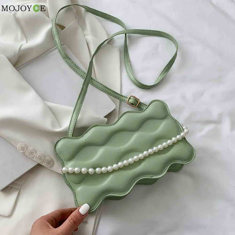 

Retro Crossbody Bag Wave Embossing Solid Color Women Pearl Chain Small Handbags Small Shoulder Ladies Messenger Bag