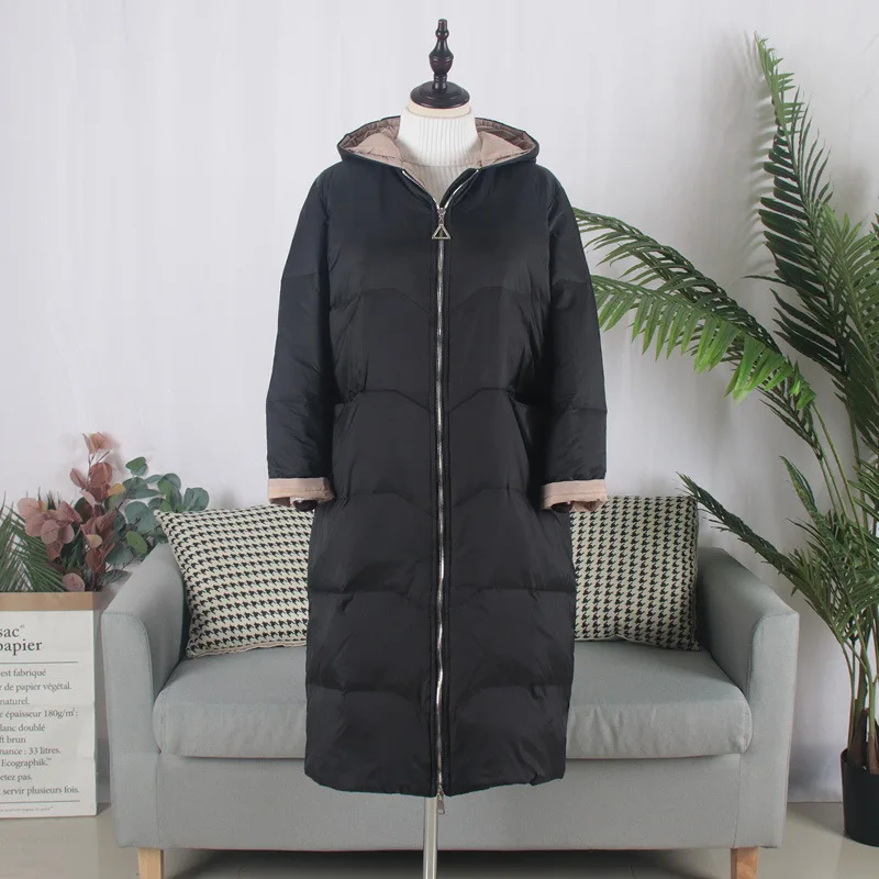 Black with hood Schinteon/ корейский стиль, бейсбольная куртка-пуховик с капюшоном, пальто, свободная зимняя длинная верхняя одежда, 90% белый пуховик на утином пуху, больше размера - Цвет: Black with hood