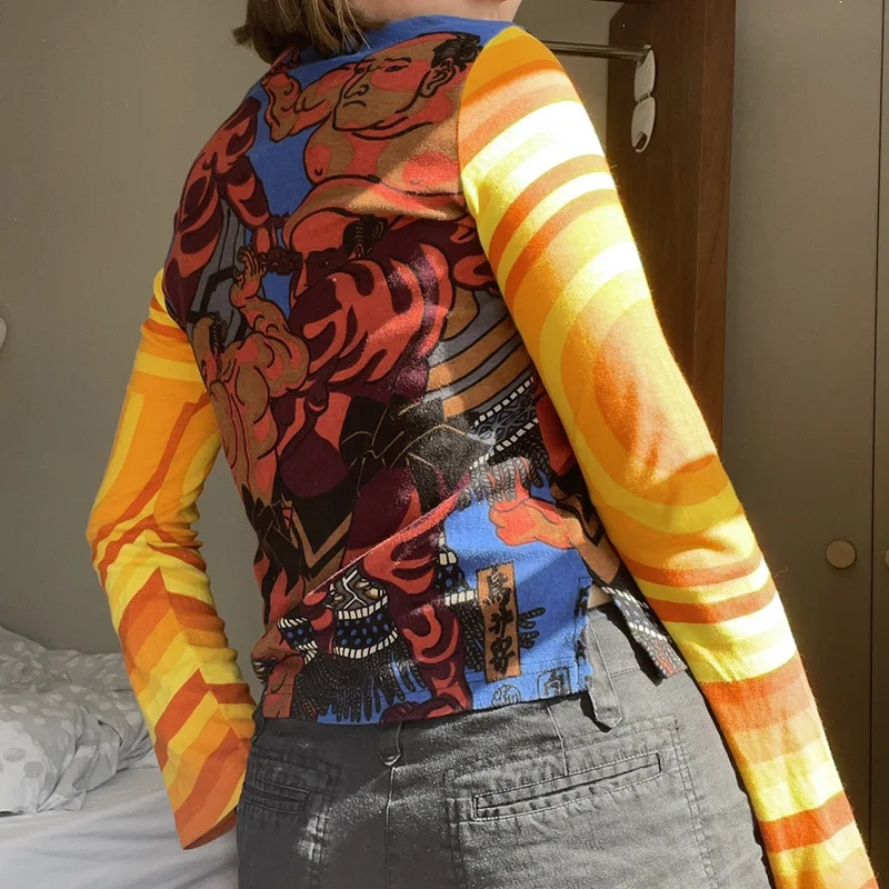 

Autumn new women's fashion retro print hit color slim o-neck long sleeve T-shirt