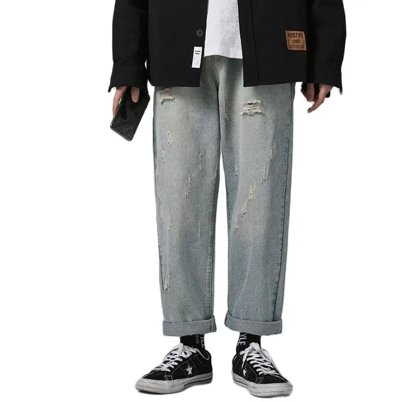 

Джинсы мужские с отверстиями в американском стиле ретро, Тонкие штаны с оборками, Красивые свободные прямые брюки-трубы, штаны с ровной шваб...