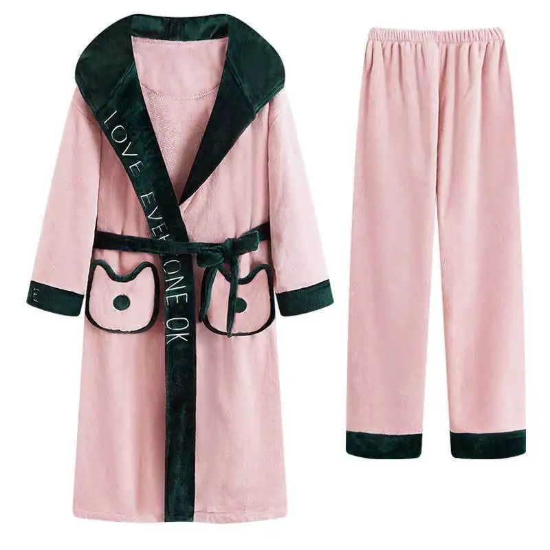 

Winter Women Warm Robes Suit Sweet Girl Nightgowns Coral Fleece Velvet Bathrobe Pajamas Bath Flannel Robe Sleepwear Homewear