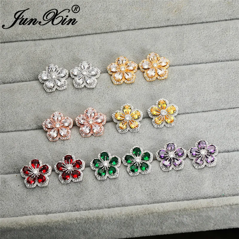 Вишневые большие серьги гвоздики с кристаллами для женщин белые золотые Зеленые