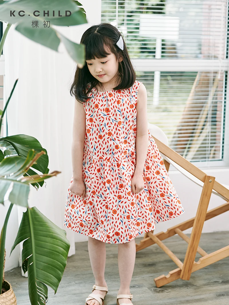 KC.Child/Новинка 2020 г. Платье для девочек с красным цветком Хлопковое платье Летнее