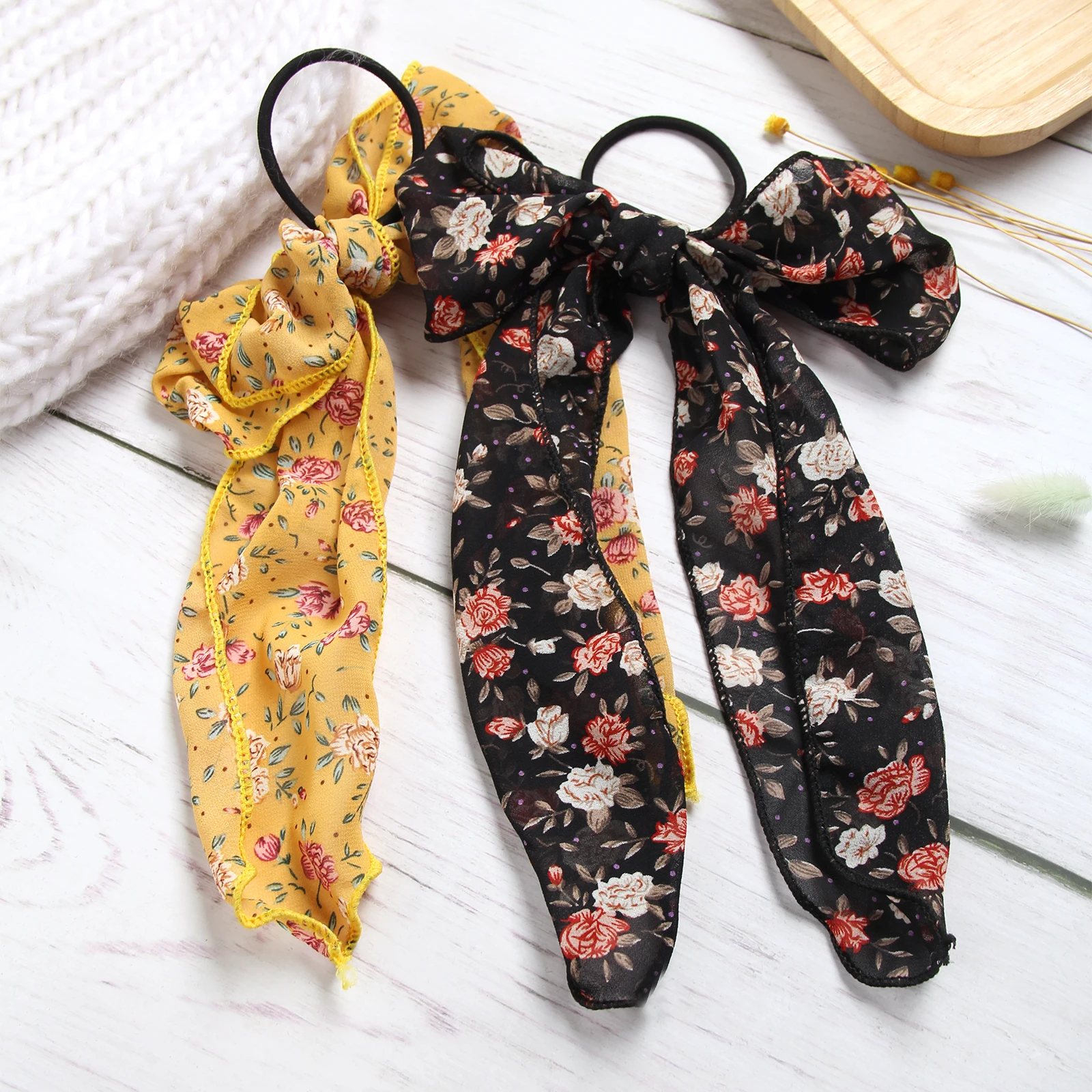 

Fashion Women Girls Chiffon Bowknot Female Hairband Small Rose Print Elastic Hairbands Sweet Headwear Simple Hair Accessories