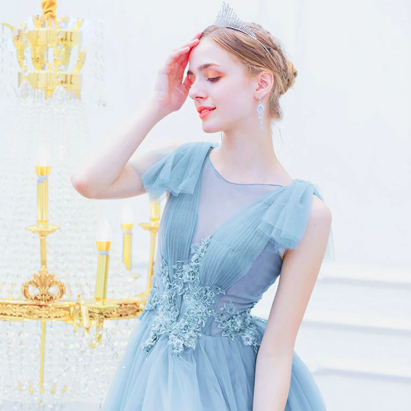 Женское вечернее платье принцессы AnXin SH синее кружевное с круглым вырезом