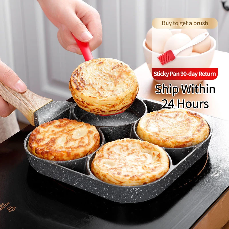 

Thickened Omelet Pan Four-hole Frying Pot Black Non-stick Egg Steak Ham Pancake Wooden Handle Kitchen Cooking Breakfast Maker