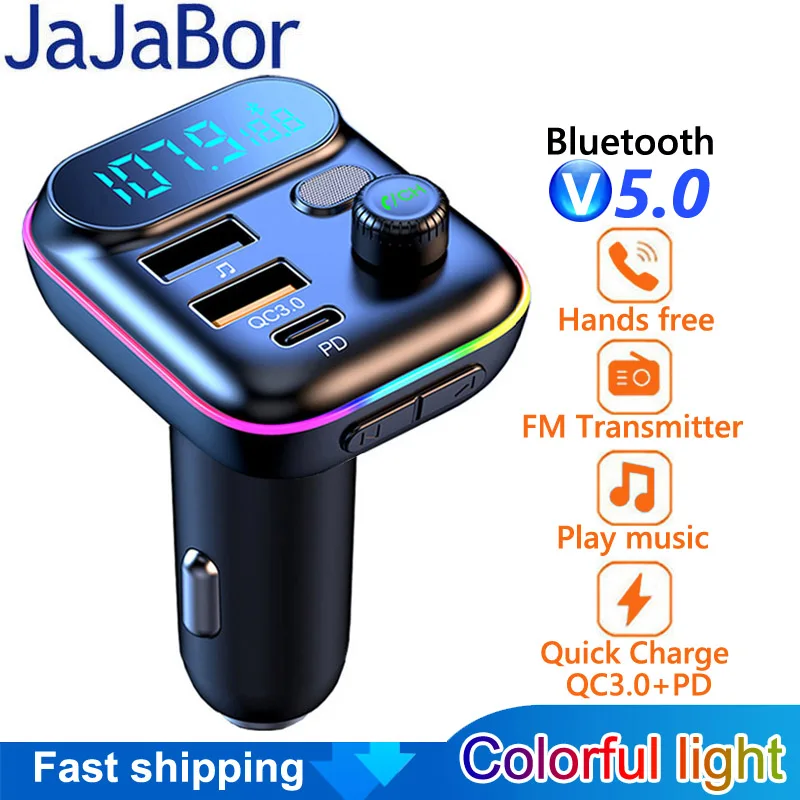 

JaJaBor Car FM Modular MP3 Player PD 18W Type C QC3.0 USB Charger Car Bluetooth-compatible 5.0 Handsfree Wireless FM Transmitter