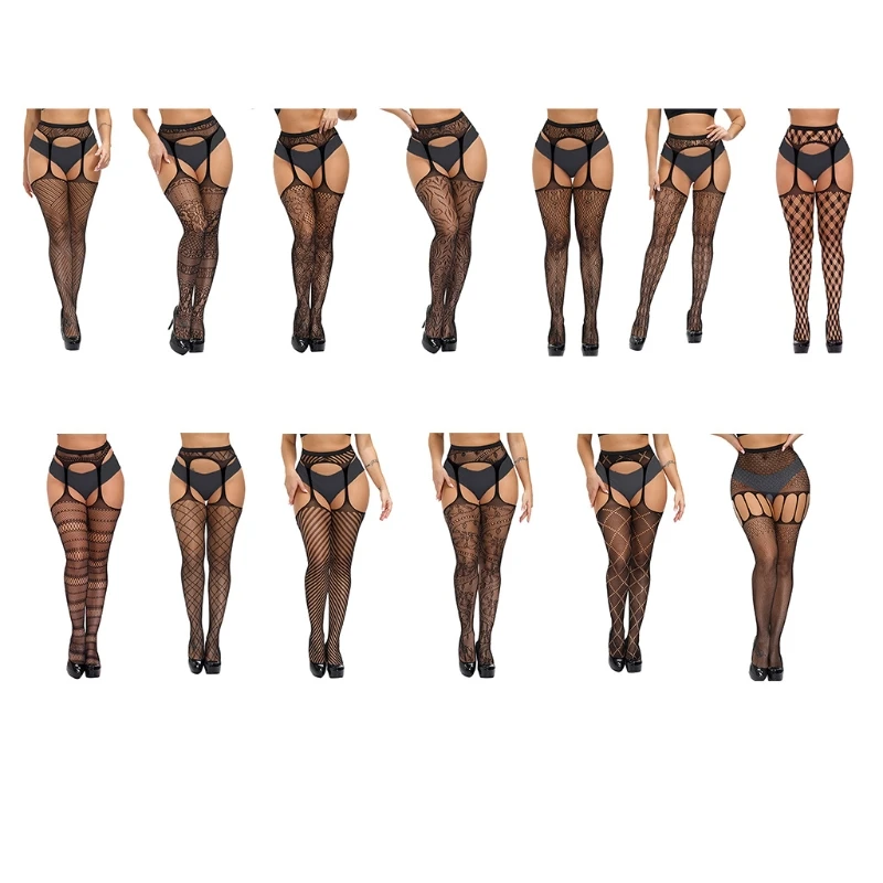 

Women Sexy Fishnet Lingerie High Waist Suspender Pantyhose Hollow Out Patterned Sheer Tights Garter Thigh High Stockings