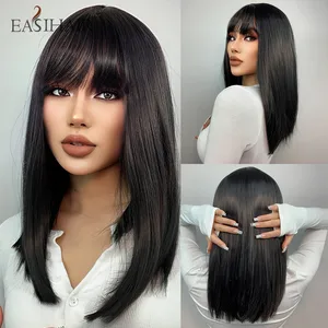 EASIHAIR Straight Black Wigs with Bang Medium Long Natural Synthetic Cosplay Hair Wig for Women Daily Party Heat Resistant Fiber