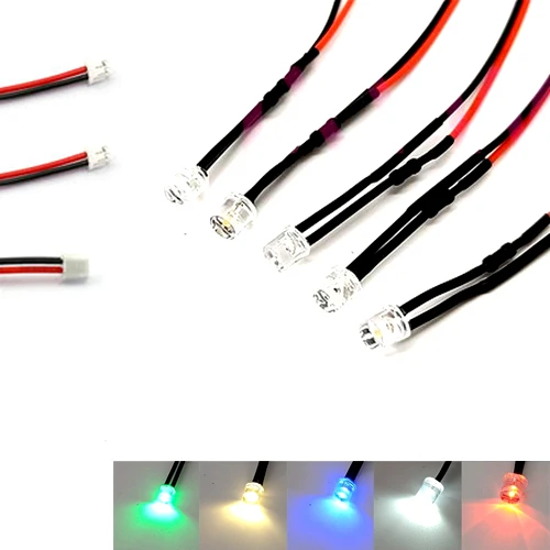 

50Pcs 2V 3V 5V 6V 9V 12V Flat Head Clear 5mm LED With 20cm Red&Black Wire And ZH1.5 Plug, Light=White Red Blue Green Yellow