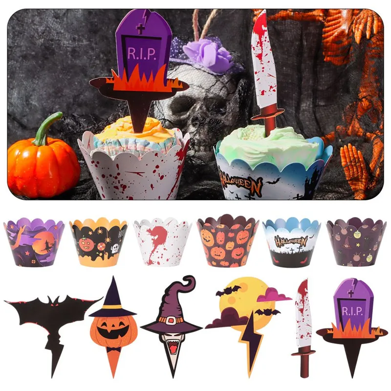 

48pcs Halloween Decoration Cupcake Wrapper Cup Muffins Horror Pumpkin Witch Bat Cake Toppers DIY Party Birthday Decor Supplies
