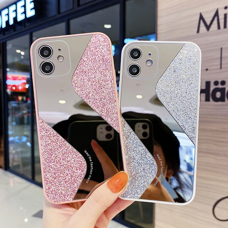 

Luxury Makeup Mirror Bling Sequins Phone Case For iPhone 11 12 Pro Max Mini X Xs XR 7 8 Plus SE 2 2020 Silicone Shockproof Cover